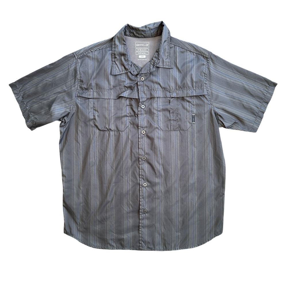 Merrell Hiking Shirt Mens L Grey Striped Short Sleeve Opti-Wick UPF50+ Excellent